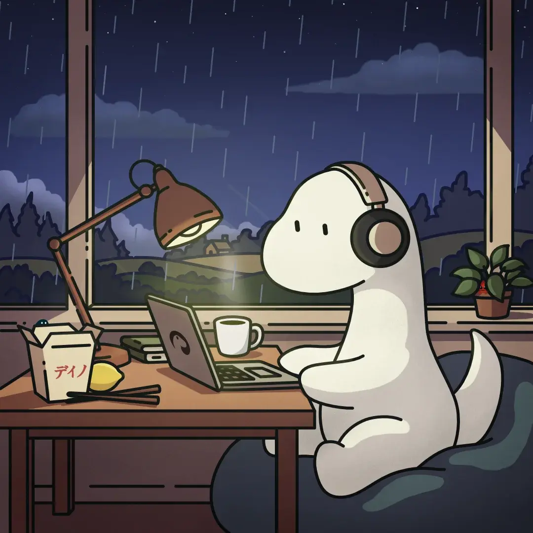 An illustration in the style of lo-fi anime showing a cute dinosaur coding on a laptop in a cozy room. The laptop has a Deno sticker on the lid, and there's a steamy mug of coffee beside it. In the background is a plant, on the sill of a window overlooking hills and trees. It's dusk outside, with some stars visible in the upper skies, and it is raining gently as clouds slowly float past. The interior is warmly lit by a single desk lamp. On the desk is a takeout box, with chopsticks and a lemon beside it. Peeking over the edge of the box, barely visible, is DeeDee, the Deno Deploy mascot. Ferris, the Rust mascot, can also just barely be seen peeking out from inside the plant pot.